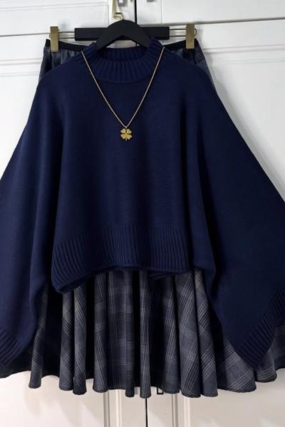 Ekose Etek Lacivert Marin