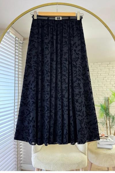 Flok Tül Astarlı Etek Siyah