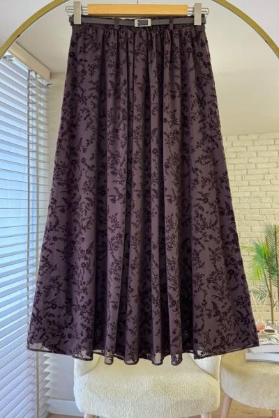 Flok Tül Astarlı Etek Kahverengi