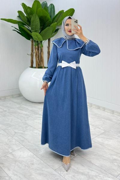 Beyaz Premium Fiyonklu Kot Elbise Tesettür Giyim