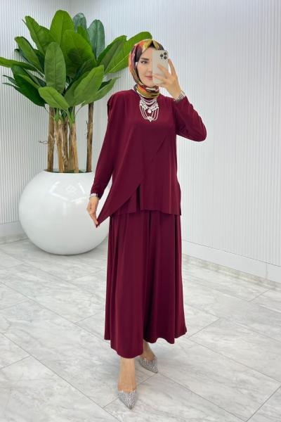 Bordo Asimetrik Takım Tesettür Giyim