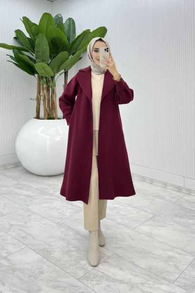 Bordo Premıum Defne Kaşe Kaban Tesettür Giyim