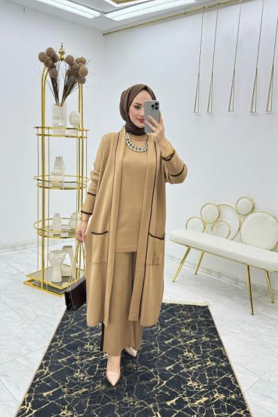 Camel Havva Üçlü Triko Takım Tesettür Giyim