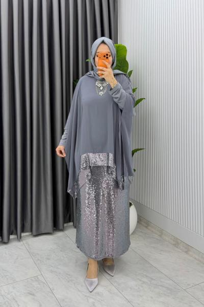 Gri Premium Fatma Payetli Etek Takım Tesettür Giyim
