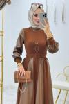 Kahve Prenses Deri Elbise Tesettür Giyim