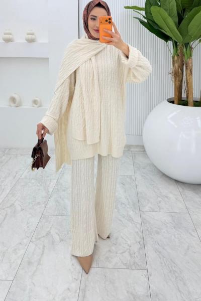 Krem Premıum Atkılı Triko Takım Tesettür Giyim