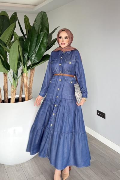 Lacivert Premium Kemerli Melisa Kot Elbise Tesettür Giyim