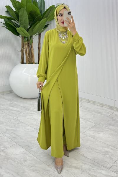 Yağ Yeşili Ahum Tasarım Takım Tesettür Giyim