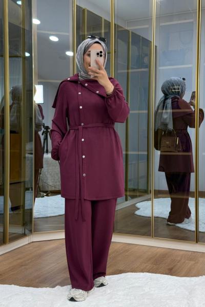 Asimetrik  Metal Düğme Detaylı Takım Mürdüm