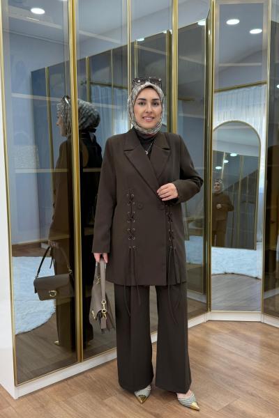 Bağcık Detaylı Ceket Takım Kahverengi