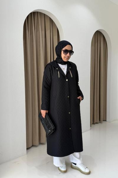 Kapüşonlu Capitone Mont Siyah