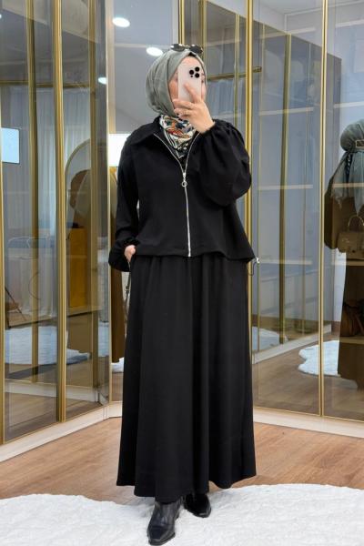 Omuzu Büzgülü Ceket Etek Takım Siyah