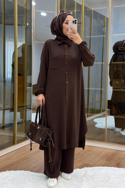 Örme kumaş maksi boy takım Kahverengi