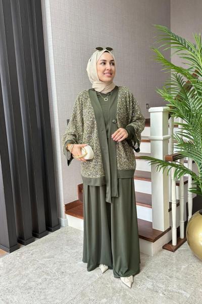 Payetli Üçlü Takım Haki