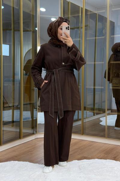 Pelerinli Gabardin Takım Kahverengi