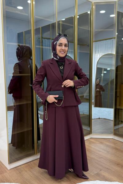 Pile Detaylı Ceket Etekli Takım Bordo