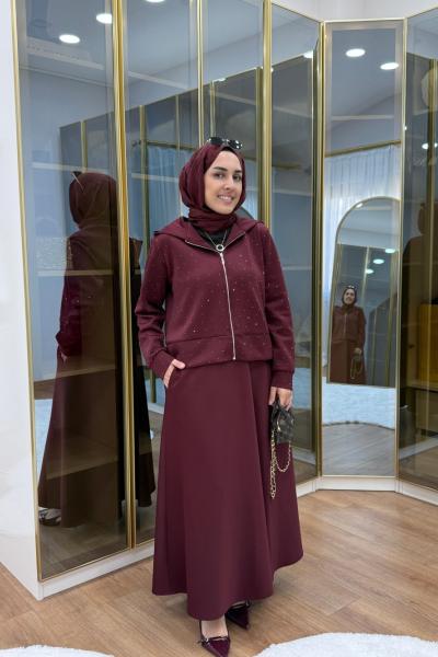 Scuba Taşlı Takım  Bordo