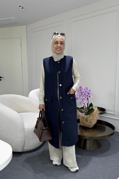 Uzun Kapitone Yelek Lacivert