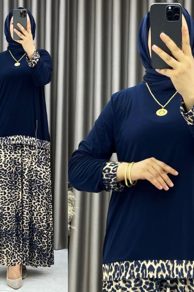 3520 Ayşıl Leopar Etekli Takım Lacivert