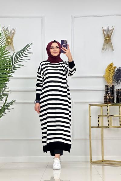 CANSEL ÇİZGİLİ TRİKO TUNİK-SİYAH