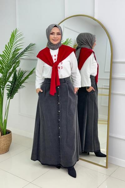 DÜĞMELİ DENİM ETEK - DUMAN